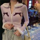 Furry-trim Ribbon-accent Zip-up Crop Top Light Purple - One Size