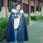 Fluffy Trim Flower Embroidered Cape