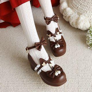 Ankle Strap Bow Bear Chunky Heel Pumps