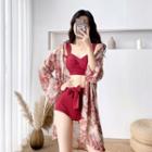 Set: Bow Accent Tankini + Flower Print Cover Up