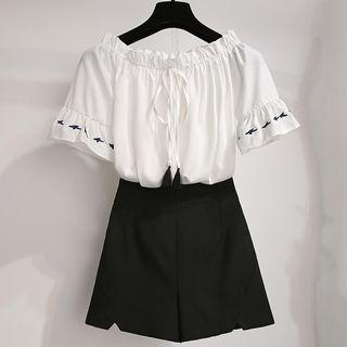 Set: Embroidered Off-shoulder Blouse + High-waist Shorts