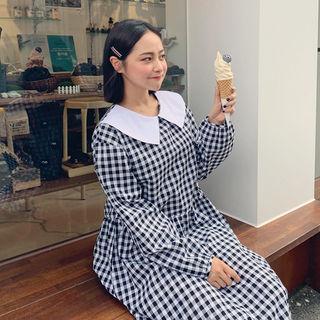Puritan-collar Gingham Long Dress