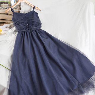 Spaghetti-strap Mesh Overlay Midi A-line Dress
