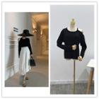 Plain Cut-out Long-sleeve Knit Top Black - One Size