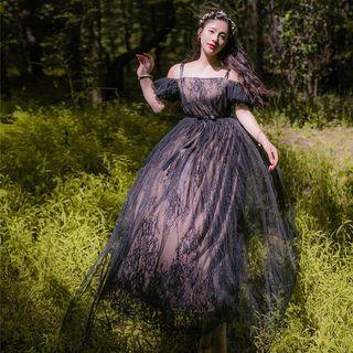 Off-shoulder Tie-waist Panel Slim Lace Dress
