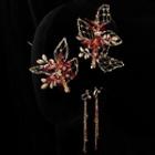 Set: Alloy Leaf Hair Clip + Drop Earring Set - Gold & Red - One Size