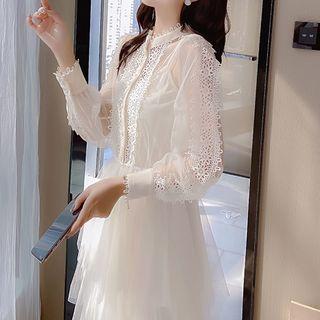 Set: Long-sleeve Layered Midi A-line Mesh Dress + Slipdress