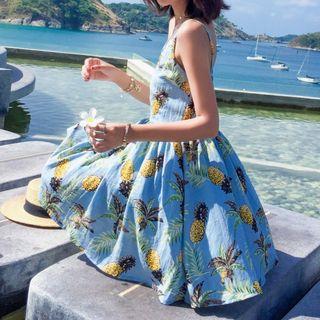 Spaghetti Strap Pineapple Print A-line Mini Dress