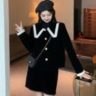 Long-sleeve Peter Pan-collar Contrast Trim Velvet Jacket / Lace Hem Mini Skirt