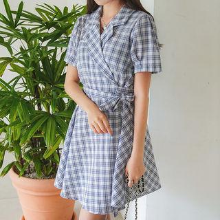 Short-sleeve Plaid Wrap Dress