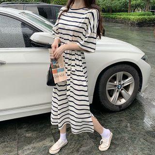 Elbow-sleeve Striped Midi A-line T-shirt Dress Stripes Dress - One Size