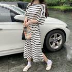 Elbow-sleeve Striped Midi A-line T-shirt Dress Stripes Dress - One Size