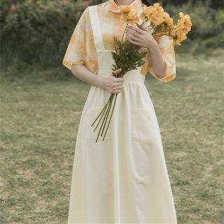 Set: Plaid Elbow-sleeve Shirt + Midi A-line Jumper Skirt