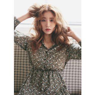 Diagonal-ruffle Paisley Chiffon Shirtdress