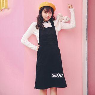 Mock-turtleneck Knit Top / A-line Corduroy Pinafore Dress