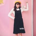Mock-turtleneck Knit Top / A-line Corduroy Pinafore Dress