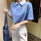 Short-sleeve Polo Collar Print Cropped T-shirt