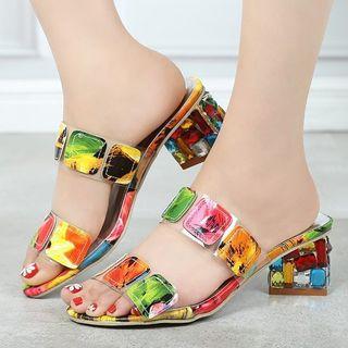 Printed Block Heel Slide Sandals