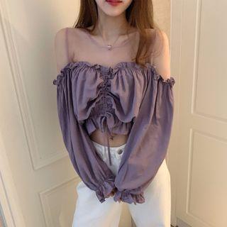 Cold-shoulder Mesh Panel Cropped Blouse