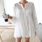 Balloon-sleeve Tiered Sheer Blouse White - One Size