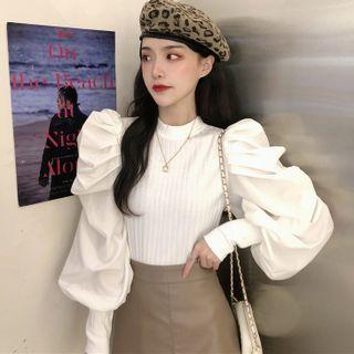 Long-sleeve Puffy Knit Panel Blouse