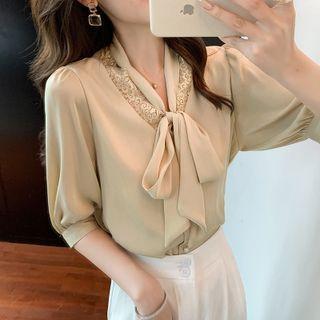Short-sleeve Tie-neck Lace Trim Blouse