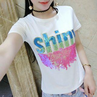 Letter Sequined Short Sleeve T-shirt