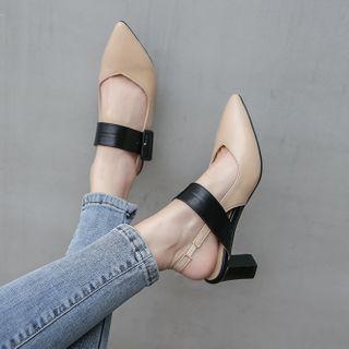 Faux Leather Ankle Strap Block Heel Slingback Pumps