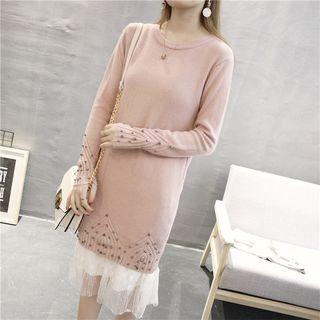 Beaded Mesh Hem Long Sleeve Knit Dress