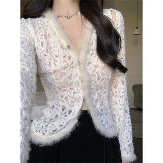 Long-sleeve Fluffy Trim Lace Top Beige - One Size