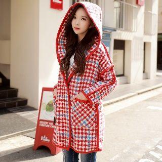 Houndstooth Hooded Button Coat