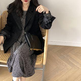 Floral Round-neck Long-sleeve Dress Black - One Size