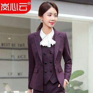 Single-button Blazer / Dress Pants / Pencil Skirt / Ruffle Trim Shirt / Double-breasted Vest / Set
