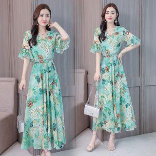 V-neck Printed Elbow-sleeve Midi A-line Dress