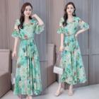 V-neck Printed Elbow-sleeve Midi A-line Dress