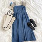 Puff-sleeve Dotted Top / A-line Denim Spaghetti-strap Dress
