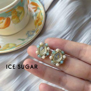 Rhinestone Sterling Silver Ear Stud 1 Pair - Stud Earring - 25 Silver Needle - Blue & White - One Size