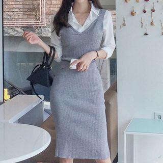 Set: Plain Shirt + Knit Tank Top + Midi Skirt