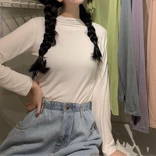 Mock-neck Plain Long-sleeve T-shirt