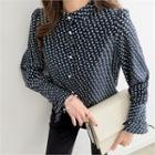 Mandarin-collar Faux-pearl Button Patterned Blouse