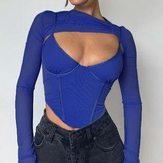 Set: Plain Long Sleeve Crop Top + Plain Camisole Top