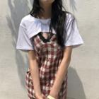 Short-sleeve Cropped T-shirt / Spaghetti Strap Plaid Midi A-line Dress