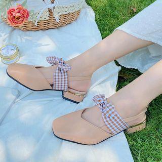 Plaid Bow Faux Leather Block Heel Slingback Pumps