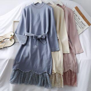 Set: Pearl-trim Knit Dress With Sash + Lace A-line Skirt