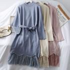 Set: Pearl-trim Knit Dress With Sash + Lace A-line Skirt