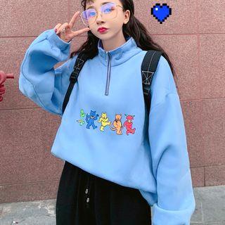 Stand Collar Print Pullover Blue - One Size