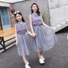 Family Matching Set: Sleeveless Buttoned Top + Midi A-line Mesh Skirt