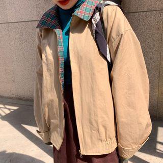 Long-sleeve Plaid Panel Zip Jacket / High-waist Plain Skirt
