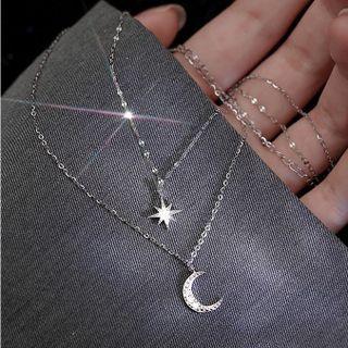 Rhinestone Moon Star Layered Necklace 1pc - Silver - One Size