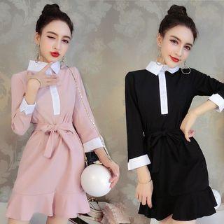 Long-sleeve Ruffled Contrast-trim Dress